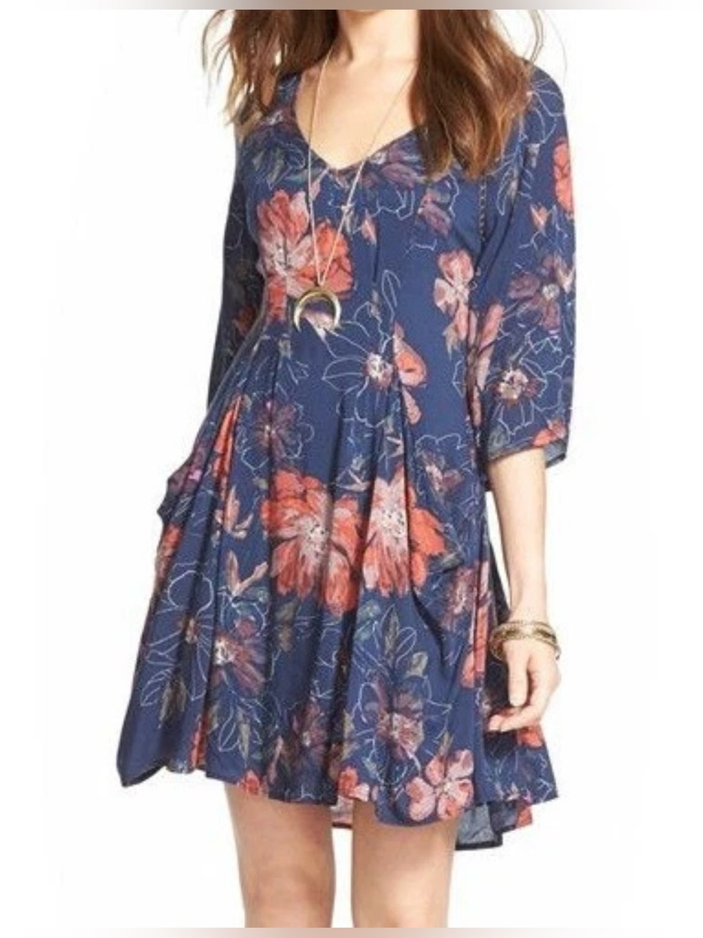Free People Floral Navy and Orange Lined Dress Size 0 EUC